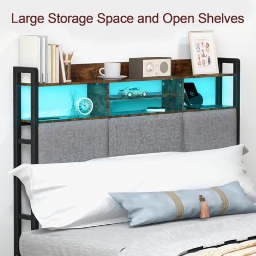 Headboard for Full Size Bed with Charging Station and LED Light | Full Bed Upholstered Head Board with Storage Shelves, Full Size Headboard with Power Outlets, Height Adjustable, Brown - size: Full