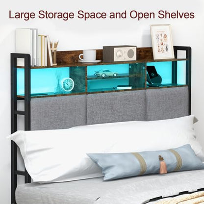 Headboard for Full Size Bed with Charging Station and LED Light | Full Bed Upholstered Head Board with Storage Shelves, Full Size Headboard with Power Outlets, Height Adjustable, Brown - size: Full