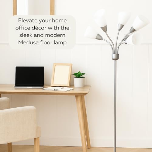 LIGHTACCENTS Medusa 5-Light Floor Lamp – Silver Multi-Head Standing Lamp w/ 5 Adjustable White Acrylic Shades for Bedroom, Living Room, Office, Requires E12 Candelabra-Base LED Bulbs