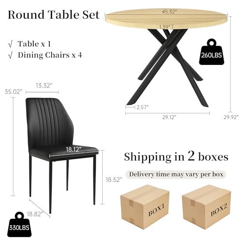 HIPIHOM 45.3 Inch Round Dining Table Set for 4, Mid Century Modern Coffee Set for Dining Room Kitchen Apartment (Cream Table + 4 Black Chairs) - color: Cream Table+4 Black Chairs