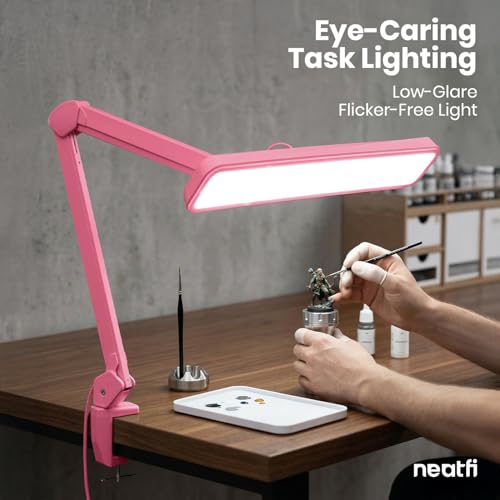 Neatfi XL 2,500 Lumens 30W LED Task Lamp for Manicure Table, Crafts, Workbench, Office – 22” Wide Shade Desk Light | Eye-Caring 6500K | 4-Level Brightness (Pink, Non-CCT with Clamp) - color: Pink