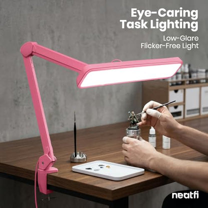 Neatfi XL 2,500 Lumens 30W LED Task Lamp for Manicure Table, Crafts, Workbench, Office – 22” Wide Shade Desk Light | Eye-Caring 6500K | 4-Level Brightness (Pink, Non-CCT with Clamp) - color: Pink