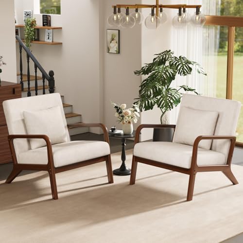 Modern Accent Chairs Set of 2,Upholstered Reading Arm Chair with Lumbar Pillow & Solid Wood Frame, Living Room Chairs, Breathable Linen,Beige-2 - color: New Arrival - Beige, Linen, size: Set of 2