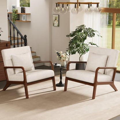 Modern Accent Chairs Set of 2,Upholstered Reading Arm Chair with Lumbar Pillow & Solid Wood Frame, Living Room Chairs, Breathable Linen,Beige-2 - color: New Arrival - Beige, Linen, size: Set of 2