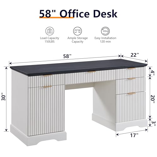 Modern Executive Desk with Storage, Wood Home Office Desk with 5 Drawers & 1 Cabinet, Fluted Computer Writing Desk for Study, Living Room, Bedroom - color: Antique White, size: 22"D x 58"W x 30H"