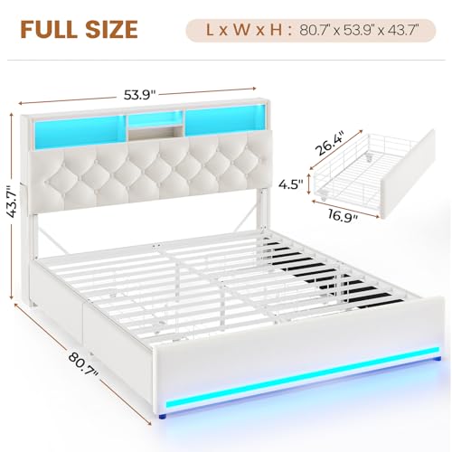 Full Size Bed Frame with 4 Drawers, Storage Headboard, Lights, Cream | LED Bed Frame Full Size with Charging Station, 5 Shelves, Velvet Upholstered Bed with Metal Slats, No Box Spring Needed - color: Creamy White-velvet, size: Full