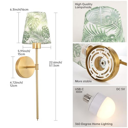 Shenmoyl Battery Operated Wall Sconces Set of 2, Flower Pattern Shade 5000 mAh Rechargeable Bulb with 12 RGB Colors Dimmable Wall Sconce for Living Room Bedroom - color: Leaf Shade