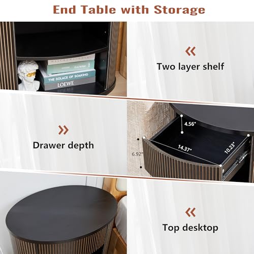 Fluted End Table with Drawer, Black Side Table with Storage, Mid Century Modern Nightstand for Bedroom Bedside, Living Room Couch Sofa, Office, Desk Side Table for Small Spaces - color: Oval-black