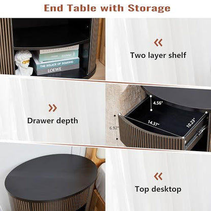 Fluted End Table with Drawer, Black Side Table with Storage, Mid Century Modern Nightstand for Bedroom Bedside, Living Room Couch Sofa, Office, Desk Side Table for Small Spaces - color: Oval-black