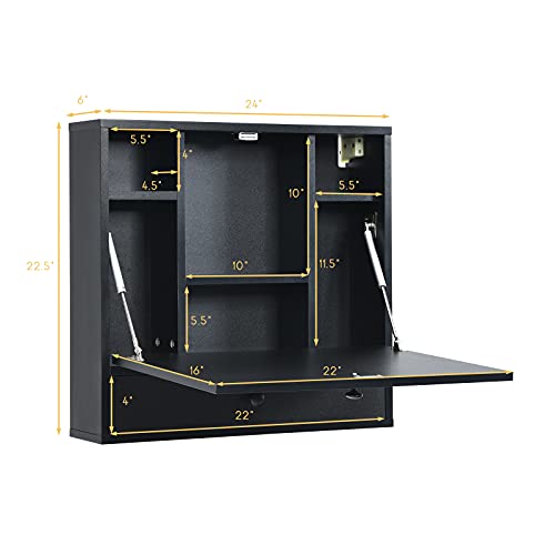Tangkula Pneumatic Floating Desk - Wall Mounted Laptop Desk with Magnetic Foldable Tabletop, Space Saving Table with Storage Drawer and Shelves (Black) - color: Black