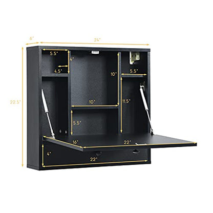 Tangkula Pneumatic Floating Desk - Wall Mounted Laptop Desk with Magnetic Foldable Tabletop, Space Saving Table with Storage Drawer and Shelves (Black) - color: Black