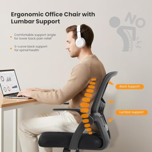 Sweetcrispy Computer Desk Chair, Home Office Chair, Lumbar Support, Black | Flip Up Armrest, Adjustable Height, 360° Swivel Wheels, Ergonomic Mesh Mid-Back, Comfy Arms Bedroom Study - color: Black, size: 18.31"D&Flip-up Arms
