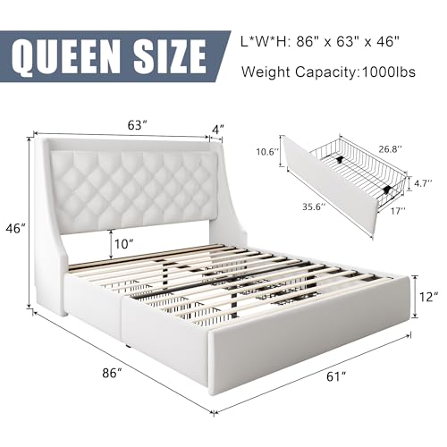 Queen Size Bed Frame with 4 Storage Drawers & Charging Station, White Linen Upholstered Platform Bedframe, Button Tufted Wingback Headboard, Sturdy Wooden Slats, No Box Spring Needed,White - color: White, size: Queen