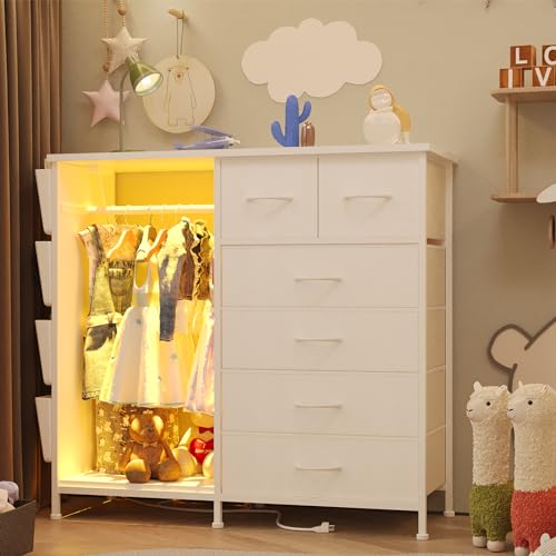6 Drawer Dresser for Bedroom with Clothes Rack, Clothes Dresser with Side Pockets and Hooks, Charging Station & LED Lights, Wooden Top, Fabric Storage (White) - color: White