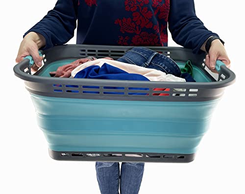 SAMMART 42L (11 Galloons) Collapsible Plastic Laundry Basket - Foldable Pop Up Storage Container/Organizer - Portable Washing Tub - Space Saving Hamper/Basket[BPA Free] (Grey/Crystal Blue (Set of 2)) - color: Grey/Crystal Blue (Set of 2)