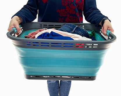 SAMMART 42L (11 Galloons) Collapsible Plastic Laundry Basket - Foldable Pop Up Storage Container/Organizer - Portable Washing Tub - Space Saving Hamper/Basket[BPA Free] (Grey/Crystal Blue (Set of 2)) - color: Grey/Crystal Blue (Set of 2)