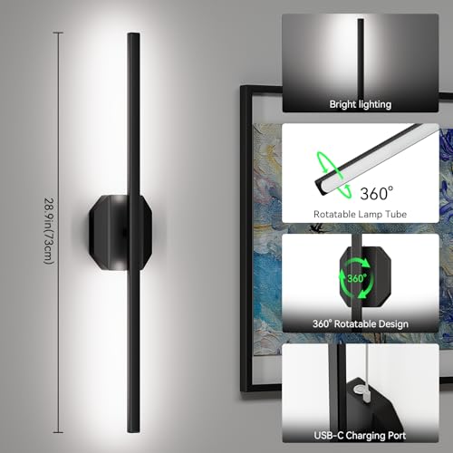 Battery Operated Wall Sconce Set of Two,Wireless Wall Sconces USB Rechargeable Wall Lights with Remote Control,3000K-6000K Dimmable for Bedroom,Background Wall,Living Room,Hallway,Wall Decor,28inch - size: 28 inch(2pcs)