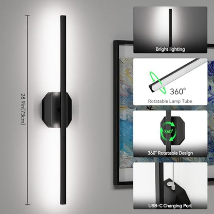 Battery Operated Wall Sconce Set of Two,Wireless Wall Sconces USB Rechargeable Wall Lights with Remote Control,3000K-6000K Dimmable for Bedroom,Background Wall,Living Room,Hallway,Wall Decor,28inch - size: 28 inch(2pcs)