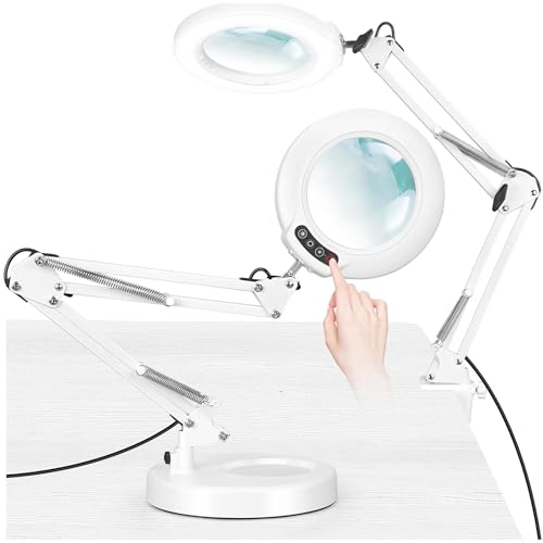 IVMAIE 12X Magnifying Glass with Light and Stand (No Acrylic Lens), 2-in-1 Lighted Magnifier with Clamp 5 Color Modes Dimmable LED Desk Lamp Hands Free for Painting Craft Sewing Hobby Close Work White - color: White