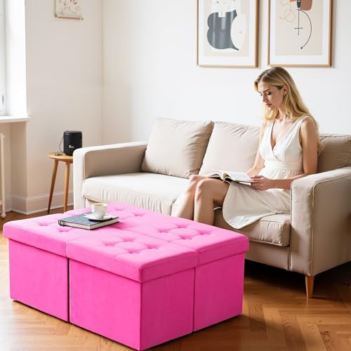 AmasSmile Footrest Ottoman Storage Bench,34" Velvet Folding Chest,Rose Red | Large Ottoman with Storage,Thicker Foam Padded Seat,Livingroom,Dorm,Bedroom,Entryway,Easy to install,34 x 13 x 13in - color: Rose-velvet