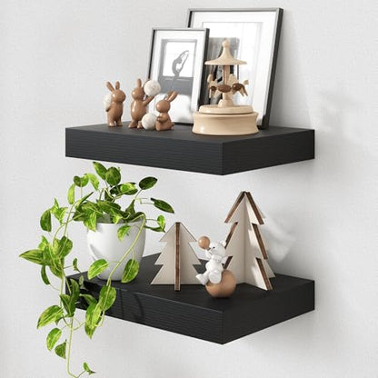 12 Inch Deep Floating Shelves, 16 Inch Black Wall Shelves Set of 2 | Invisible Brackets, Engineered Wood, Mounting Hardware Included, 35LBS, Bathroom, Laundry Room, Kitchen, Living Room - color: Black, size: 16W x 11.6D x 2H, 2 Pack