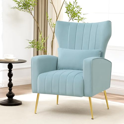 Modern Accent Chair Upholstered Living Room Chair,High Back Arm Chair with Metal Legs Lumbar Reading Chair for Bedroom, Apartment, Small Spaces Sky Blue - color: Sky Blue, size: Set of 1