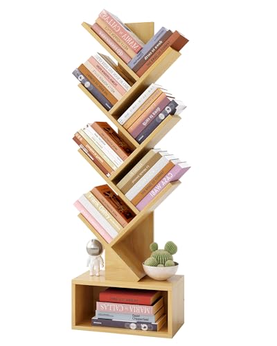 Hoctieon 6 Tier Tree Bookshelf, Tall Bookcase with Drawer, Freestanding Book Shelf, Display Floor Standing Storage Shelf, Book Organizer Shelves for Home Office, Living Room, Bedroom, Yellow - color: Yellow, size: 6 Tier