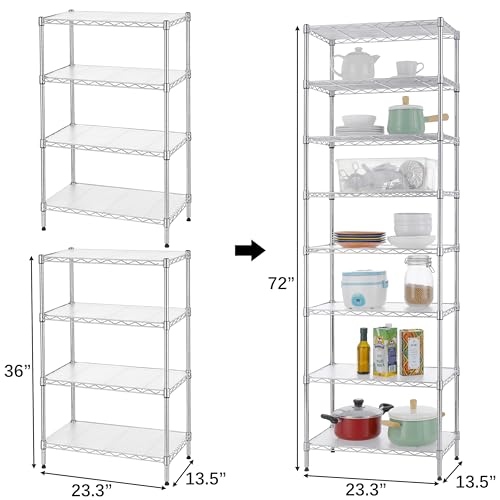 Finnhomy 8-Tier Wire Shelving Unit Adjustable Steel Wire Rack Shelving 8 Shelves Steel Storage Rack or Two 4-Tier Shelving Units with PE mat, Leveling Feet and Safety Device, NSF Certified, Chrome - color: Chrome, size: 72 Inches