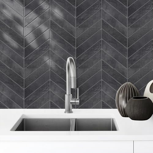 STICKGOO Herringbone Peel and Stick Backsplash, Black/Grey Grout, 10 Sheets | 12.6 x 9.7 in, Thicker Rectangular Vinyl Stick-On Wall Tiles, Easy Alignment, Waterproof, Easy to Clean, Kitchen/Bathroom - color: Shiny Black With Dark Grey Grout, size: Pack o