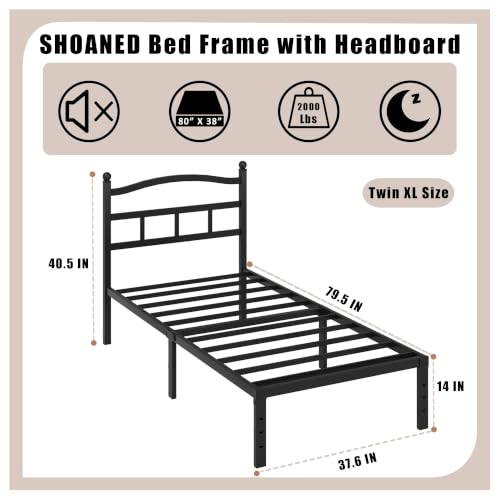 SHOANED Metal Bed Frame with Headboard - 14 Inch Twin XL Size Heavy Duty Bedframe Black Basic Steel Slats Platform No Box Spring Needed/Easy Assembly/Noise Free - size: Twin XL, style: 14 Inch with Headboard