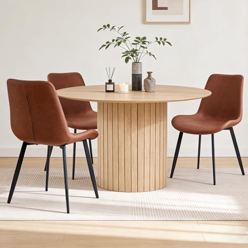 47" Round Dining Table for 4, Farmhouse Kitchen Table [Chamfered Edge Tabletop] Circle Pedestal Dinner Table, φ47.2"x29.5"H, Natural - color: Basic Natural 47