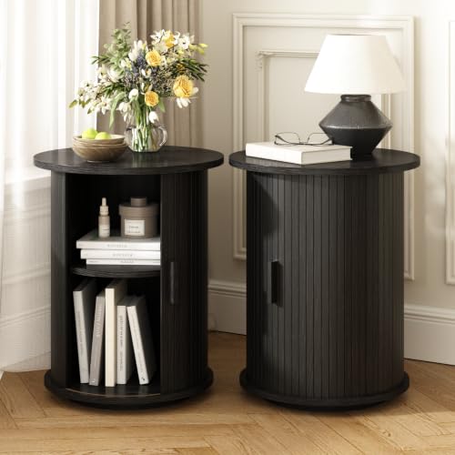 Wnutrees Round Fluted End Table, Small Accent Pedestal Side Table, Black | Wood Nightstand with Sliding Door & 2 Tier Shelf, Bedside Unit for Living Room, Bedroom - color: Black