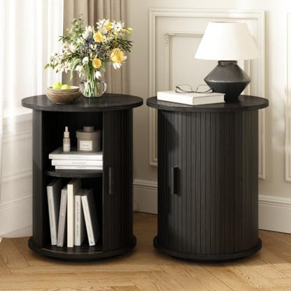 Wnutrees Round Fluted End Table, Small Accent Pedestal Side Table, Black | Wood Nightstand with Sliding Door & 2 Tier Shelf, Bedside Unit for Living Room, Bedroom - color: Black