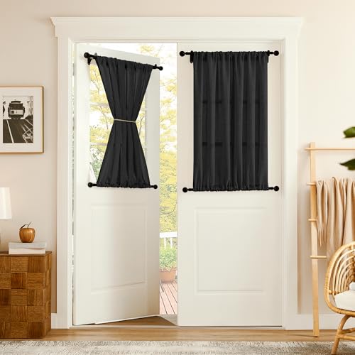 Tollpiz Small Linen Door Curtains Doorway Semi Sheer Curtain Room Divider Light Filtering Drape Dual Rod Pocket Boho Window Curtains for Closet, 25 x 40 inches Long, Black, 1 Panel - color: Black, size: 25"W x 40"L (Pack of 1)