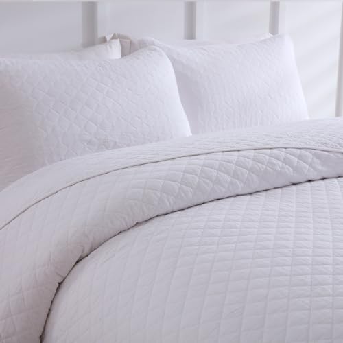 Wistown Cotton Queen Bedpread Quilt Bedding Set, White | 3 Pieces Reversible Lightweight Soft Coverlets Comforters, All Seasons, Diamond Stitching Pattern - color: White Diamond Pattern, size: Queen (90 by 98inch)