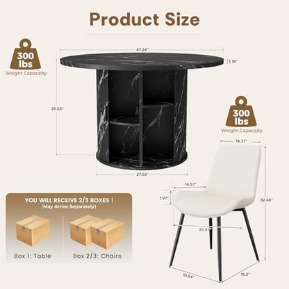 3-Piece Round Dining Table Set for 2, 47-Inch Modern Faux Marble Dining Table with Half-Open Storage Shelf, Upholstered Dining Chairs with Thick Cushions (Black Faux Marble Table + 2 Beige Chairs) - color: Black Faux Marble Table + 2 Beige Chairs-196, siz
