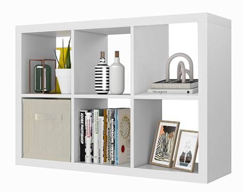 furtble Bookshelf with Storage Bin, 6-Cube Storage Organizer, Modern Wood Open Bookcase, Multifunctional Display Cubicle Shelf for Living Room, Bedroom, Home Office, White - color: White, size: 6 cube