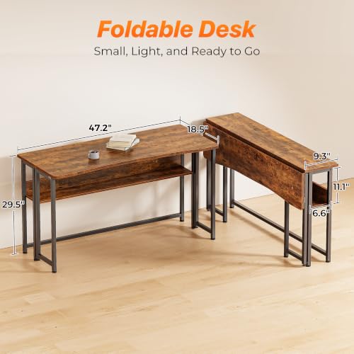 Huuger Folding Desk with Storage Shelf, 47.2 Inch Foldable Computer Table | Writing Work Office Computer Desk for Small Spaces, Space Saving Sofa Table for Couch, Easy to Fold, Rustic Brown - color: Rustic Brown, size: 18.5"D x 47.2"W