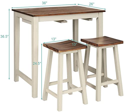 LUARANE 3 Pieces Bar Table Set, Modern Pub Dining Counter Height Table Set with 2 Saddle Bar Stools, Kitchen Counter Set for Living Room Dining Room, Brown & Milky White