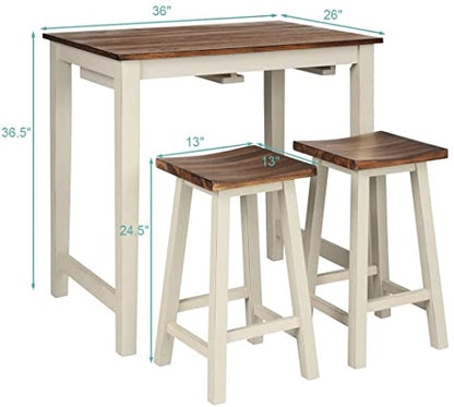 LUARANE 3 Pieces Bar Table Set, Modern Pub Dining Counter Height Table Set with 2 Saddle Bar Stools, Kitchen Counter Set for Living Room Dining Room, Brown & Milky White