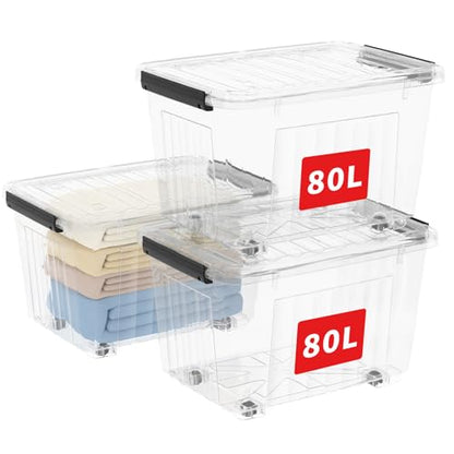 Cetomo 80L*3 Plastic Storage Bins, Storage Box, 3 Pack, Organizing Container with Wheels, Durable Lids and Secure Latching Buckles, Stackable and Nestable, Clear with Black Buckle - size: 80L*3