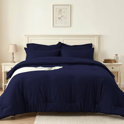 King Size Comforter Set 7 Pieces - Soft Bed in a Bag King Bed Set, Cozy Luxury Bedding Sets with All Season Comforter, Flat Sheet, Fitted Sheet, 2 Pillowcases & 2 Shams, Navy Blue - color: Navy Blue, size: King