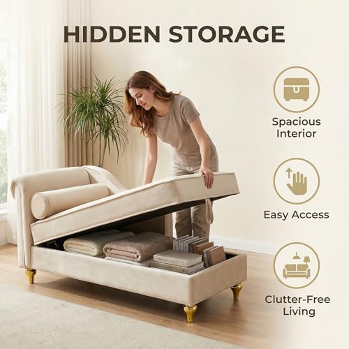 60.6" Modern Storage Chaise Lounge Indoor,Velvet Upholstery Sofa Chair with1 Toss Pillows,Upholstery Lounge Sofa with Gold Metal Legs for Small Apartment,Living Room,Office,Reception Area,Beige - color: Beige