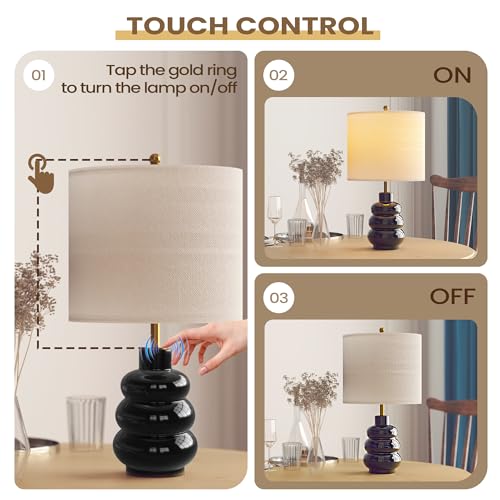 17.5" Black Ceramic Gourd Table Lamps Set of 2, Touch Control Farmhouse Lamps for Nightstand Living Room, Small Rustic Bedside Lamp for Bedroom Desk End Table Office with Linen Shades
