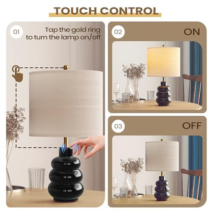 17.5" Black Ceramic Gourd Table Lamps Set of 2, Touch Control Farmhouse Lamps for Nightstand Living Room, Small Rustic Bedside Lamp for Bedroom Desk End Table Office with Linen Shades