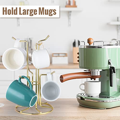 HULISEN Mug Tree for Large Cups, 6 Hook Countertop Coffee Mug Holder, Gold | Cup Rack for Counter, Stable Wide Base, Metal Stand for Kitchen Coffee Bar Display, Space-Saving, No Assembly Required - color: Gold