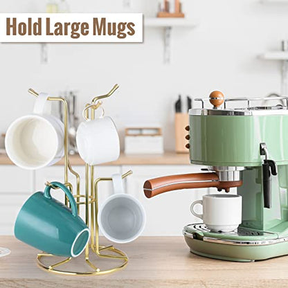 HULISEN Mug Tree for Large Cups, 6 Hook Countertop Coffee Mug Holder, Gold | Cup Rack for Counter, Stable Wide Base, Metal Stand for Kitchen Coffee Bar Display, Space-Saving, No Assembly Required - color: Gold