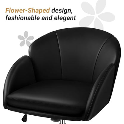 Yaheetech Black Petal Faux Leather Makeup Vanity Desk Chair, Swivel Wheels | Easy-clean faux leather cushioned seat fits makeup vanity, nail salon or office desks; adjustable height, swivel, fast setup. - color: Black