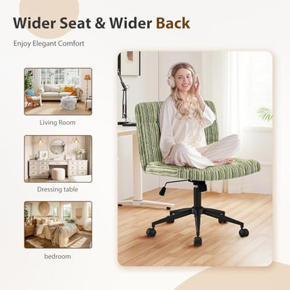 Furnimart 360° Swivel Criss Cross Desk Chair Extra-Thick Cushion, Premium Chenille Cross Legged Chair with Wide Seat & Wheels, Comfy Armless Home Office Chair for Bedroom, Vanity, Sturdy (Green) - color: Chenille Green