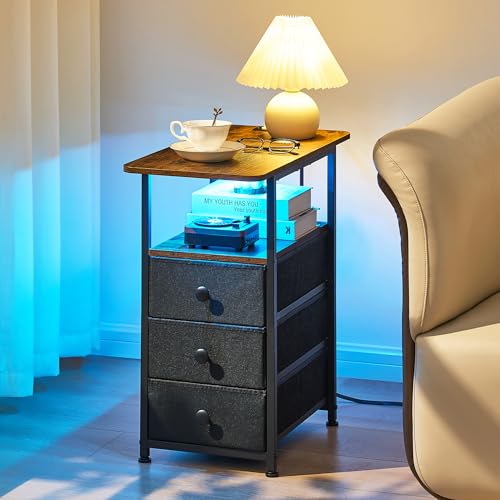 Narrow End Table with Charging Station, Narrow Side Table with 3 Fabric Drawers, Slim Nightstand with LED Light, Small Table with Storage, Living Room, Bedroom, Rustic Brown HKET1303BR - color: Rustic Brown, size: 11.8" W x 23.6" D, style: Power + Light